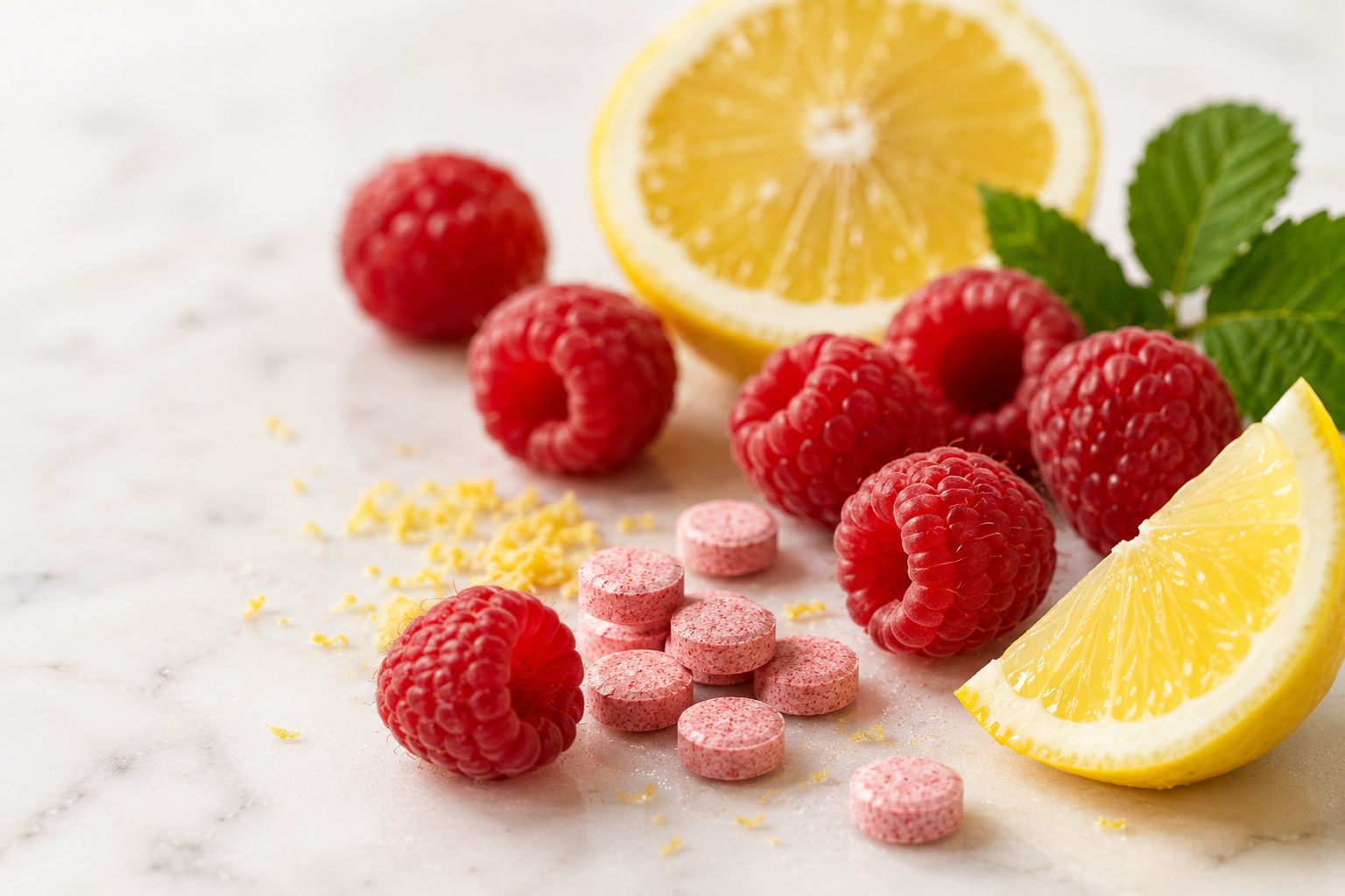 FASTcycl hard electrolyte tablets with fresh raspberries and lemon on marble